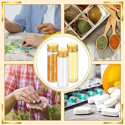 Didaey 100 Pcs Small Clear Vials Spice Mini Jars with Lids Mini Glass Bottles with Screw Aluminum Metal Caps Tiny Jars Sample Containers for Powder Cream Cosmetic Jewelry Wedding (20 ml,Gold Caps) - color: Gold Caps, size: 20 ml