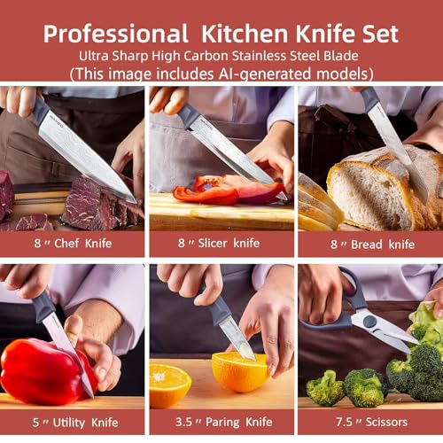 RAXCO Kitchen Knife Set,10-Piece Stainless Steel Knife Set with Block,Gray | Pro-Sharpened Kitchen Knives,Space-saving Compact Organizer for Small Kitchen,RV,Apartment and Dorm - color: Damascus