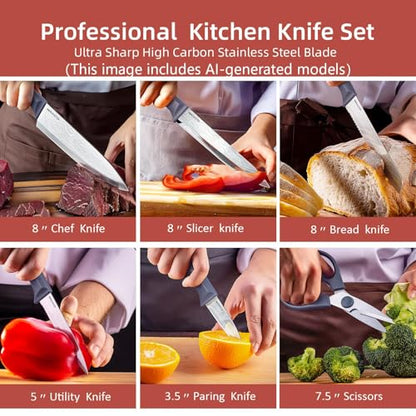 RAXCO Kitchen Knife Set,10-Piece Stainless Steel Knife Set with Block,Gray | Pro-Sharpened Kitchen Knives,Space-saving Compact Organizer for Small Kitchen,RV,Apartment and Dorm - color: Damascus