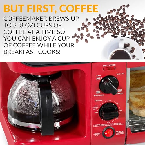 Nostalgia 3-in-1 Breakfast Station - Includes Coffee Maker, Non-Stick Griddle, and 4-Slice Toaster Oven - Versatile Breakfast Maker with Timer - Red - color: Red, style: Classic Retro