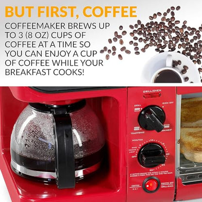 Nostalgia 3-in-1 Breakfast Station - Includes Coffee Maker, Non-Stick Griddle, and 4-Slice Toaster Oven - Versatile Breakfast Maker with Timer - Red - color: Red, style: Classic Retro