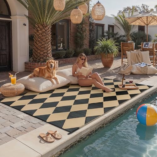 Outdoor Plastic Checkered Rug Waterproof Patio 6x9 Black Brown Diamond Geometry Mat for Porch Camping RV Balcony Deck Courtyard Reversible Lightweight Durable Portable - color: Diamond | Black/Brown, size: 6' x 9' (Rectangular)