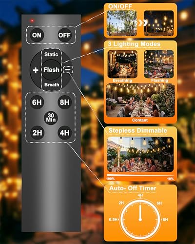 Solar String Lights Outdoor, 54FT(24+1) Patio Lights Waterproof with Remote & USB Port, Dimmable & Timer & 3 Light Modes, ST38 LED Solar Lights for Camping, Backyard, Deck, Garden (2700K) - size: 54FT (24Bulbs)