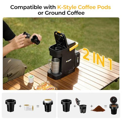 BougeRV Coffee Maker with 18V 8Ah Battery Powered Compatible with K Cup Coffee Pods & Ground Coffee, Portable Coffee Maker Cordless with AC/DC Power for Travel, Camping, Outdoor, Jobsite, RV, Home
