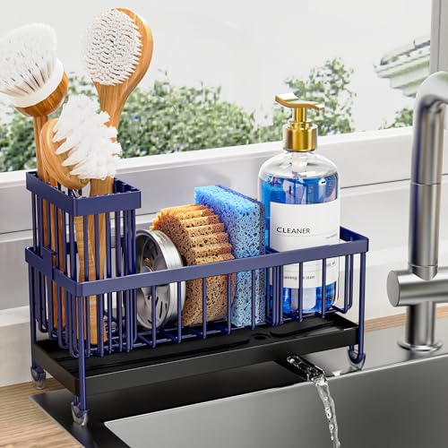 Cisily Sponge Holder for Kitchen Sink, Sink Caddy Organizer with High Brush Holder, Kitchen Countertop Organizers and Storage Essentials, Rustproof 304 Stainless Steel (Navy Blue, 9.25″) - color: Navy Blue - 9.25″
