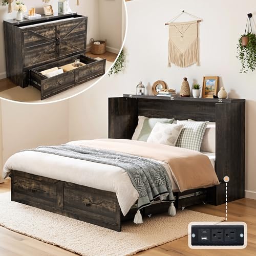 LUXOAK Full Murphy Bed with Storage and Charging Station, Farmhouse Cabinet Bed, Noise-Free, for Guest Room, Apartment, or Office, Black Oak - color: Black Oak, size: Full