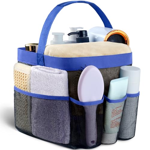 Attmu Mesh Shower Caddy Portable for College Dorm Room Camping Essentials, Shower Caddy Dorm with 9-Pockets, Large Capacity Hanging Basket Bathroom Bag for Toiletry, Swimming, Gym, Camp, Beach - color: Blue
