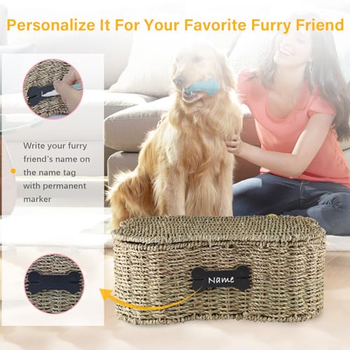 Seagrass Wicker Baskets for Dog Toys,Bone Shaped Dog Toy Bin with Lid,Personalized Dog Toy Organizer Boxes for Living Room,Farmhouse Handmade Pet Dog Storage,Dog Stuff Organizer