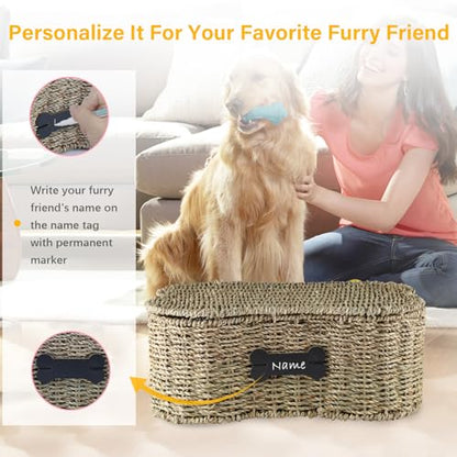 Seagrass Wicker Baskets for Dog Toys,Bone Shaped Dog Toy Bin with Lid,Personalized Dog Toy Organizer Boxes for Living Room,Farmhouse Handmade Pet Dog Storage,Dog Stuff Organizer
