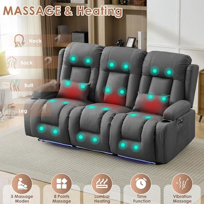 TUNYI Power Loveseat Recliner Sofa with Massage & Heat Home Theater Seating with Console RV Recliner Loveseat Sofa with USB/Storage/Side Pocket/LED Light/Speaker (Dark Grey, 3 Seat) - color: Dark Grey, size: 3 Seat