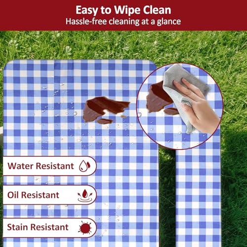 7ft Picnic Table and Bench Cover, Camping Essentials RV Gear, 84 in Waterproof Windproof Outdoor Elastic All Around Tablecloth, Fitted Rectangle Tables and Seats, Blue-White Checkered - color: Blue-white Checkered, size: 84"