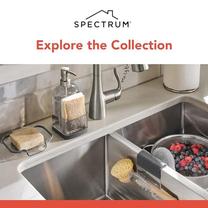 Spectrum Sink Saddle for Kitchen Sink Gray Slate Tint Sponge and Brush Holder Organizer, Dish Brush and Sponges Plastic Saddle Caddy for Double Sink Storage with Drain Holes for Quick Drying