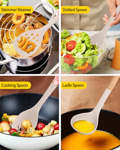 Silicone Kitchen Utensil Set for Non Stick Cookware, 7 Pcs Heat Resistant Cooking Utensils with Wooden Handle, BPA Free Kitchen Tools with Spatulas, Spoons, Skimmer and Pasta Fork (KHAKI) - color: Khaki
