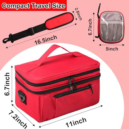 Tesuko Medicine Bag for Traveling with Portable Small Pouch, Double Layer Pill Bottle Organizer Storage Case with Lockable Zippers, Carrying Medication Travel Case with Shoulder Strap (Bag ONLY), Red