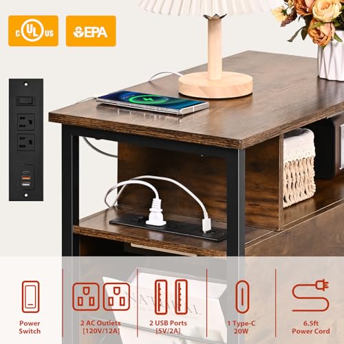 Livofloral Side Tables with Charging Station, Narrow End Table with 2 Wooden Drawers, USB Ports and Power Outlets, Narrow Nightstand and Bedside Table, Side Tables Living Room, Bedroom, Brown - color: Brown