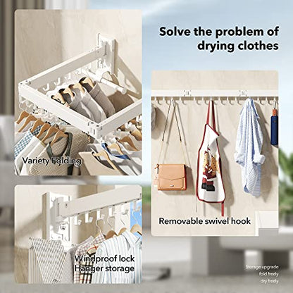 BOQORAD Wall Mounted Clothes Hanger Rack, Clothes Drying Rack,Laundry Drying Rack,Collapsible Clothes Rack Wall Mount, Retractable Drying Rack Clothing,can Fold Upward & Left & Right,White Color - size: Plus-White