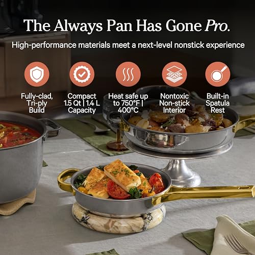 Our Place Titanium Always Pan Pro - 10.6” (2.8 Qt) No-Coating Nonstick Skillet | Tri-Ply Titanium & Stainless Steel | Safe for Oven, Induction & All Cooktops up to 750°F | Includes Spatula | Gold