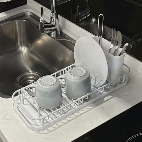 SunnyPoint 304 Stainless Steel NeverRust Compact Dish Drying Rack with Utensil Holder & Removable Drain Tray, Rustproof Small Dish Rack for Kitchen Countertop or Over Sink – White - color: Wht