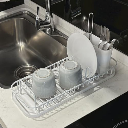 SunnyPoint 304 Stainless Steel NeverRust Compact Dish Drying Rack with Utensil Holder & Removable Drain Tray, Rustproof Small Dish Rack for Kitchen Countertop or Over Sink – White - color: Wht