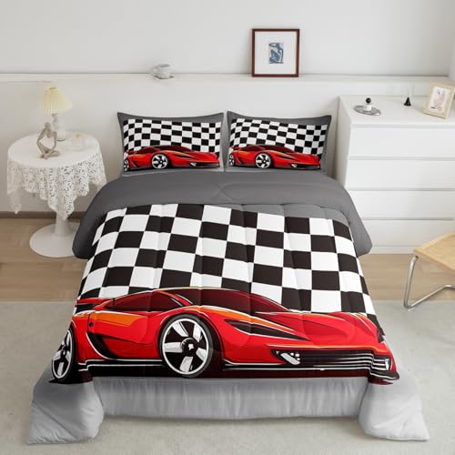 King Race Car Comforter Set for Boys, Red Speed Racing Car Bedding Set Racer Extreme Sports Quilt for Kids Girls Teens Bedroom Decor, Black White Lattice Plaid Down Comforter with 2 Pillow Cases - color: Multi 23, size: King