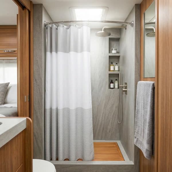 Polyester RV Shower Curtain, Fluorine-Free Waterproof, Taupe Horizontal Stripes, 10 Metal Grommets, 12 Hooks Included, 54x69 Inch for Camper Small Bathroom