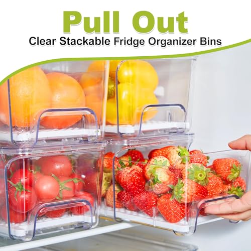 Pull Out Fridge Organizer Drawer, Stackable Refrigerator Storage Bins with Drain Tray and Lid, Clear Fruit and Vegetable Storage Containers Box, for Kitchen Freezer, 2-Pack - size: 2 Pack
