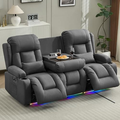 URRED Power Loveseat Recliner Sofa with Massage and Heat, Wall Hugger Reclining Loveseat with Console, RV Couch Home Theater Seating with LED Lights for Living Room (Gray, 76.8" - 3 Seats) - color: Grey, size: 76.8" - 3 Seats