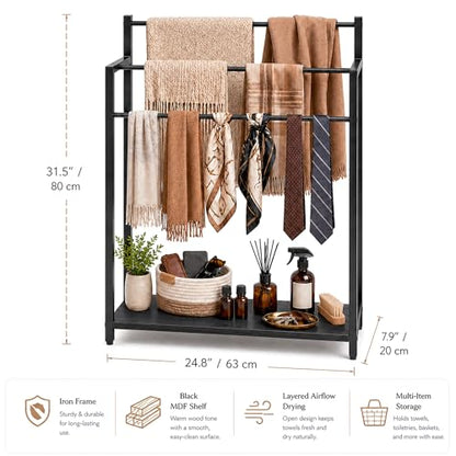 24.8" W Freestanding Towel Rack, 3 Tier Blanket Ladder Stand with Black Wooden Shelf for Bathroom Living Room - color: Black, size: 31.5" H x 24.8" W x7.9 D