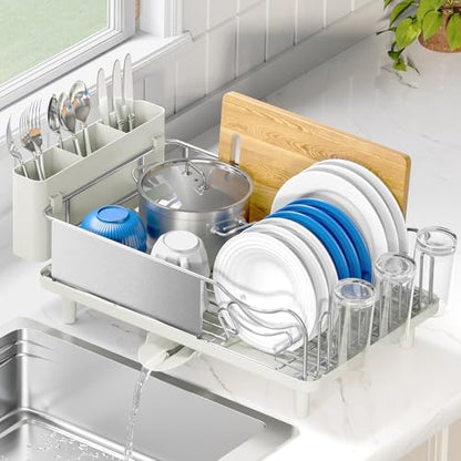 Stainless Steel Dish Drying Rack - Large Capcity 304 Grade Dish Drainer for Kitchen Counter with Drain Board, Utensil Holder & Detachable Cup Shelf, Rustproof Multifunctional Organizer, Light Green - color: Light Green