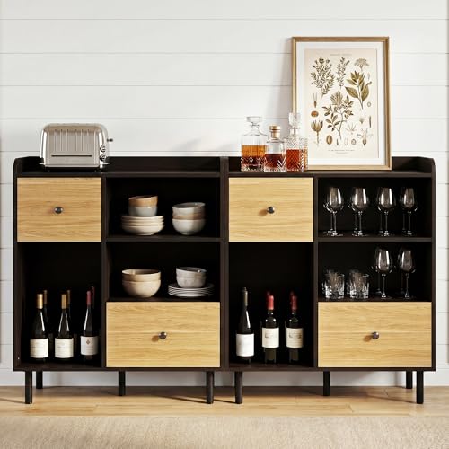 Manora Narrow Small Coffee Bar Cabinet with Drawers, Wooden Mini Sideboard Buffet Cabinet with Storage, Compact Kitchen Island & Corner Island for Kitchen, Dining Room, Coffee Station, Black