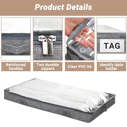 2 Pack 100L Low Profile Under Bed Storage Containers,4 Inches High Lightweight Underbed Storage NO STRUCTURE,Large Foldable Underbed Cloth Storage Bags for Blanket Fits Under Sofa,Couch,Grey