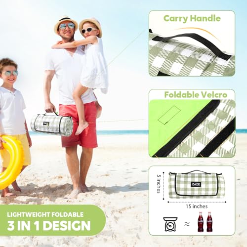 ZAZE Extra Large Picnic Outdoor Blanket, 80''x80'' Waterproof Foldable Blankets Gingham Picnic Mat for Beach, Camping Grass Lawn Park Accessories Cute Couple Gifts Ideas Wedding Registry(Green White) - color: Green and White
