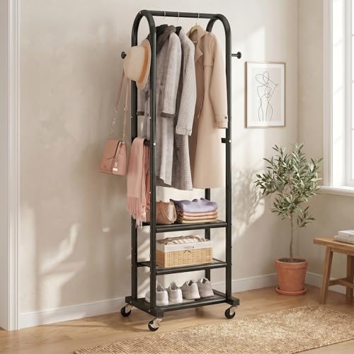 Dttwacoyh Metal Clothing Rack with Wheels and Hanging Hooks,Narrow Coat and Shoe Rack,Small Hall Tree,for Small Space, Bedroom, entryway, Walk-in Closet, Laundry Room– Black - color: Black