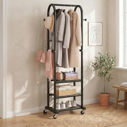 Dttwacoyh Metal Clothing Rack with Wheels and Hanging Hooks,Narrow Coat and Shoe Rack,Small Hall Tree,for Small Space, Bedroom, entryway, Walk-in Closet, Laundry Room– Black - color: Black