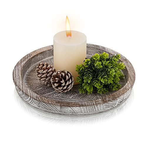 Hanobe Decorative Tray for Coffee Table: Round Candle Plate Holder Centerpieces for Dining Room Kitchen - Wooden Farmhouse Tray Vintage Home Decor - color: White Washed