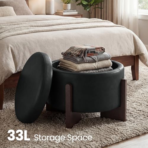 Faux Leather Round Ottoman, 22 Inch Storage Ottoman,PU Leather Ottoman,Multi-Functional Footrest for Living Room & Bedroom,Apartments (Black, Round) - color: Black