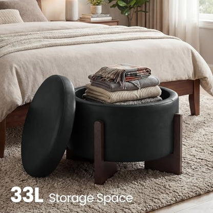 Faux Leather Round Ottoman, 22 Inch Storage Ottoman,PU Leather Ottoman,Multi-Functional Footrest for Living Room & Bedroom,Apartments (Black, Round) - color: Black