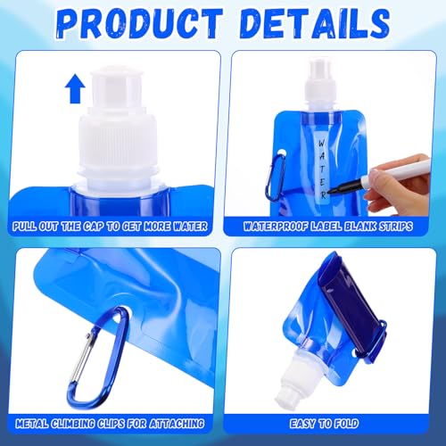 Teenyyou 24 Pack Collapsible Water Bottles Bulk 16oz Foldable Water Bottles with Carabiner Reusable Drinking Leak Proof Container Bags for Sport Biking Hiking Camping Travel Outdoor (Blue) - color: Blue