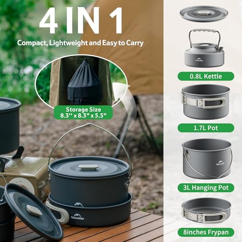 Naturehike Camping Cookware Set Mess Kit for Backpacking Gear, Camp Cooking Set, Camping Pots and Pans Set for Outdoor Backpacking Camping Hiking Picnic - color: 4-7 People