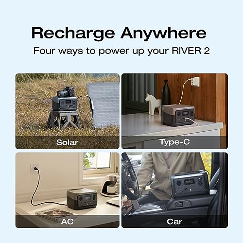 EF ECOFLOW RIVER 2 Portable Power Station with Solar Charge CableXT60i (2.5M/8Ft), 256Wh LiFePO4 Battery, 1-Hour Fast Charge, Up to 600W AC Outlets, Solar Generator for Camping/Outdoor - style: RIVER 2+Solar CABLE
