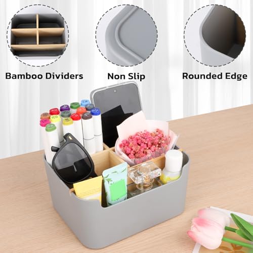 Segarty Gray Desk Storage Organizer, Detachable Divided Bamboo Remote Control Holder Caddy, Desktop Pen Pencil Holder Container Box for Office Supplies Home Bedside Table - color: Gray