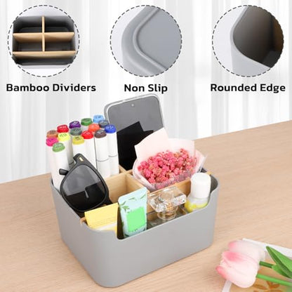 Segarty Gray Desk Storage Organizer, Detachable Divided Bamboo Remote Control Holder Caddy, Desktop Pen Pencil Holder Container Box for Office Supplies Home Bedside Table - color: Gray