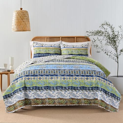 HORIMOTE HOME Boho Style Twin Size Quilt Set Green Bohemian Floral Strip Quilt Beddding Set, Soft and Lightweight Bedspread for All Season,XL Twin Bed Coverlet with 1 Matching Pillow Sham (2 Pieces) - color: Sage Green, size: Twin