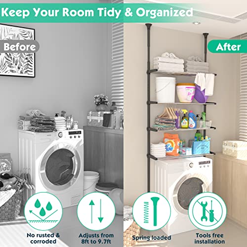 Lilyvane 4 Tiers Over Toilet Storage, 97 to116” Adjustable Tension Pole Over Toilet Bathroom Organizer, Standing Bathroom Shelves Over Toilet for Showers,Black