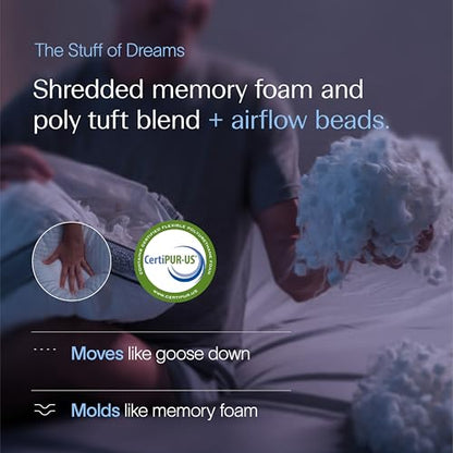 DreamyBlue Gusseted Sapphire Pillow • Adjustable Loft, Luxury Cover, Shredded Memory Foam Fill w/Airflow Beads •Ideal for Wide Shoulders •Neutral Alignment for All • CertiPUR-US Certified Foam (King) - size: Sapphire King
