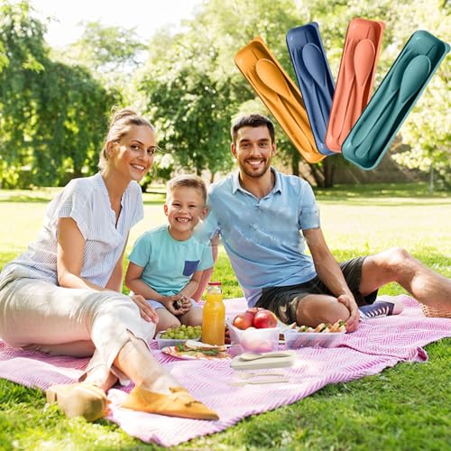 Travel Utensils Set with Case, Camping Utensils Wheat Straw Reusable Utensils Set With Case, Knife Fork and Spoon Utensils for Lunch Box (6 Pack) - color: Green, Light green, Blue, Light blue, Orange, Yellow
