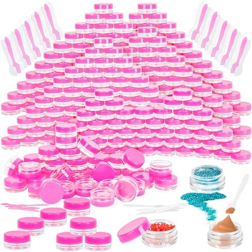 100 Pcs 3g Empty Plastic Containers with Lids,Tiny Makeup Sample Containers, Small Pot Jars Pink Round Cosmetic Jars with 20 Pcs Mini Spatulas for Liquid Sample Powder Creams (Pink Lid) - color: Pink, size: 100PCS