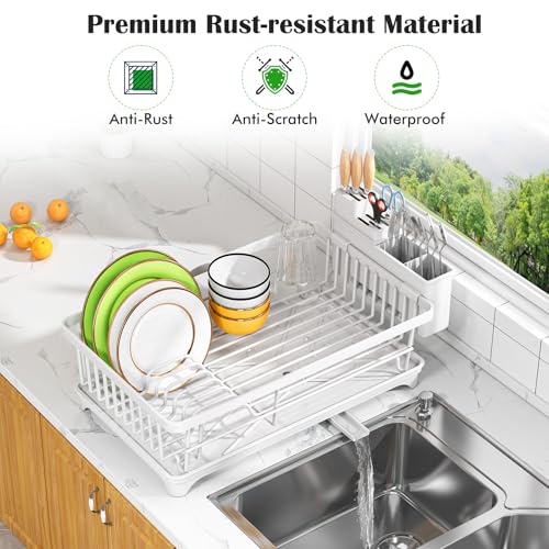 Kmiectse Dish Drying Rack - Space-Saving Small Dish Rack for Kitchen Counter, Rust-Resistant Kitchen Drying Rack, Compact Dish Drainer Organizer with Utensil Holder for Home Kitchen, White - color: White
