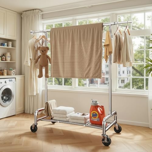 Raybee Clothes Rack, Room Organize Home Storage, 75" W & 4 Extra Hooks | 450LBS Capacity, Stainless Steel, Extendable Hanging Rod, 360° Lockable Wheels, Height Adjustable, 15-Min Tool-free Assembly - color: Chrome, style: Rod Shelf
