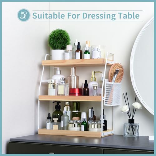 Uneviesyka Bathroom Counter Organizer, 3-Tier Standing Storage Shelf with Basket, Wood Tray for Skincare Vanity Organizer(White) - style: 3 Tier White